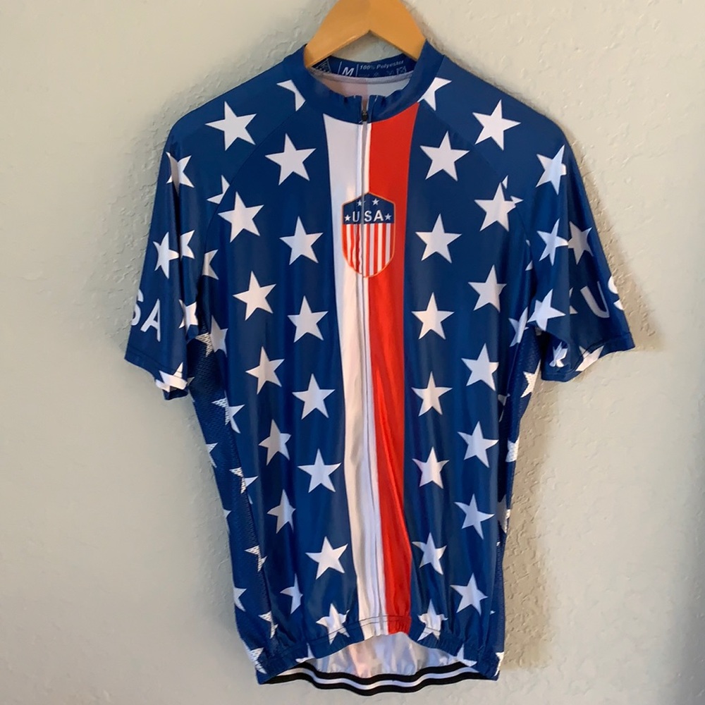 Men's USA Red White Blue Patriotic Cycling Bike Shirt Sz M Stars & Stripes NEW